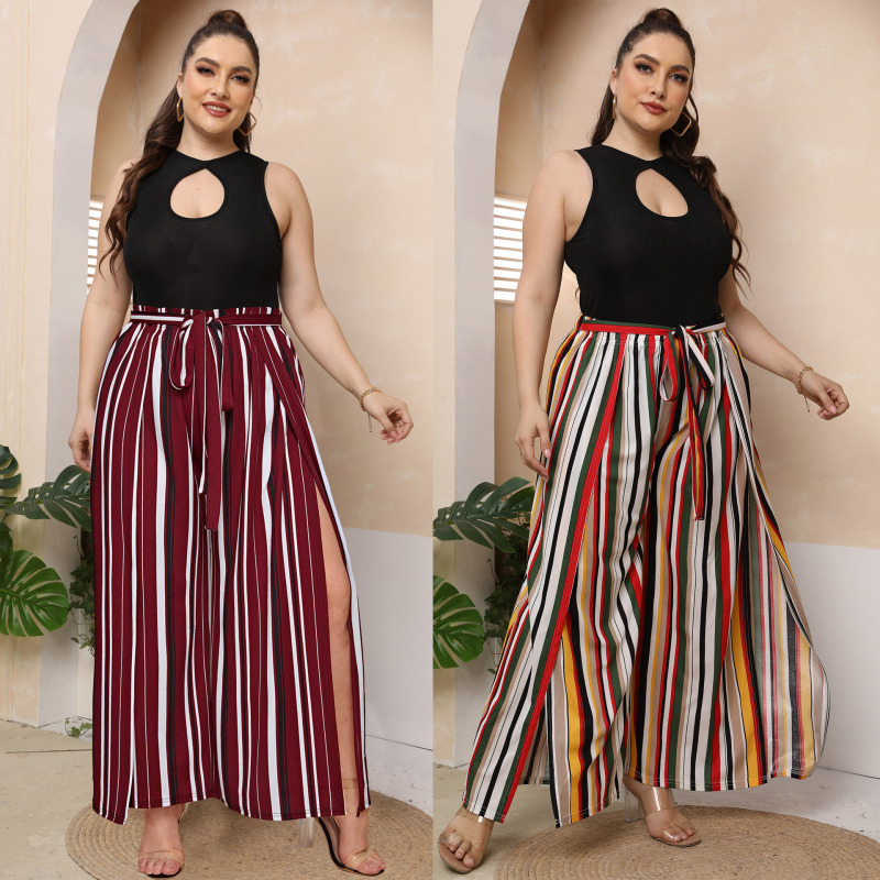 Plus-Size Women Color Blocking Stripe Pattern High-Slit Wide-Leg Casual Vacation Pants