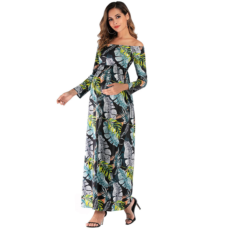 Women Fashion Leaf Printed Off-The-Shoulder Maternity Dress