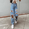 Women Denim High Waist Ripped Loose Casual Fashion Jeans