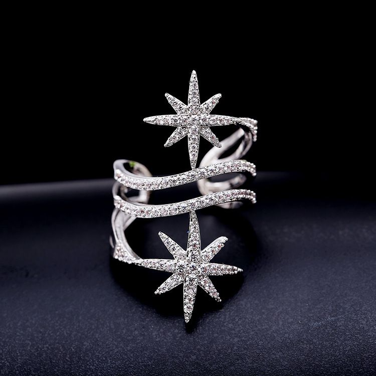 Fashion Shiny Zircon Star Pattern Exaggerated Multilayer Brass Ring