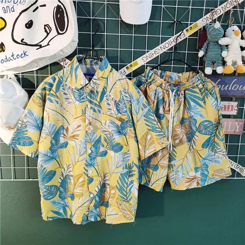 Men Fashion Retro Loose Printed Short Sleeve Shirt And Shorts Two-Piece Set