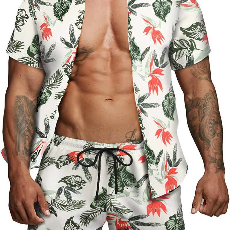 Men Fashion Leaf Print Short Sleeve Shirt And Shorts Two-Piece Set