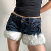 Women Denim Plush Panel Casual Low Waist Denim Shorts