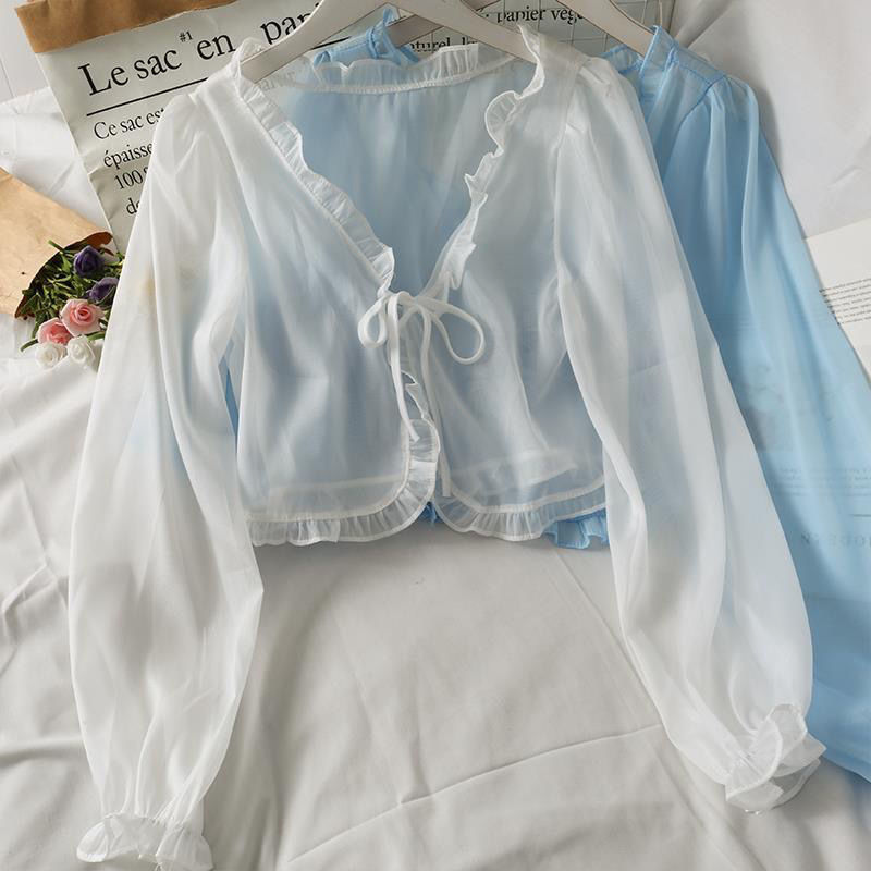 Summer Loose Long-Sleeved Women Short Bow Tie Vacation Chiffon Shirt