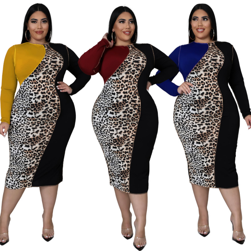 Plus Size Women'S Leopard Print Color Blocking Long Sleeve Midi Dress