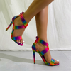 Plus Size Women Fashion Rainbow Colorblock Cross Strap Stiletto Sandals