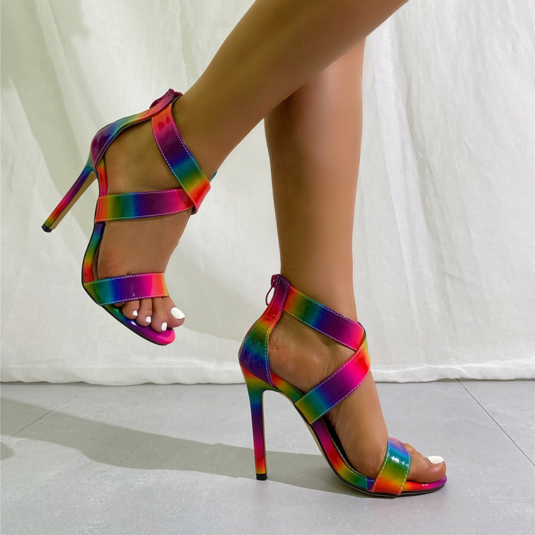 Plus Size Women Fashion Rainbow Colorblock Cross Strap Stiletto Sandals