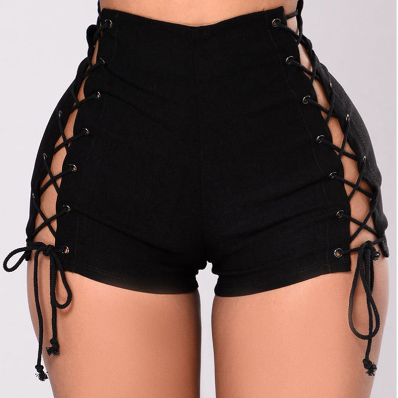 Women Summer Solid Color High Waist Lace-Up Denim Shorts