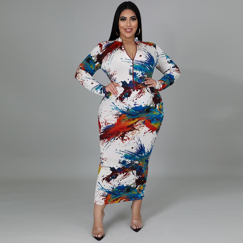 Plus Size Women Tie Dye Print Half Zipper Long Sleeve Maxi Dress