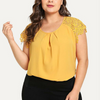 Plus Size Women Casual Round Neck Solid Color Lace Short Sleeve Blouse