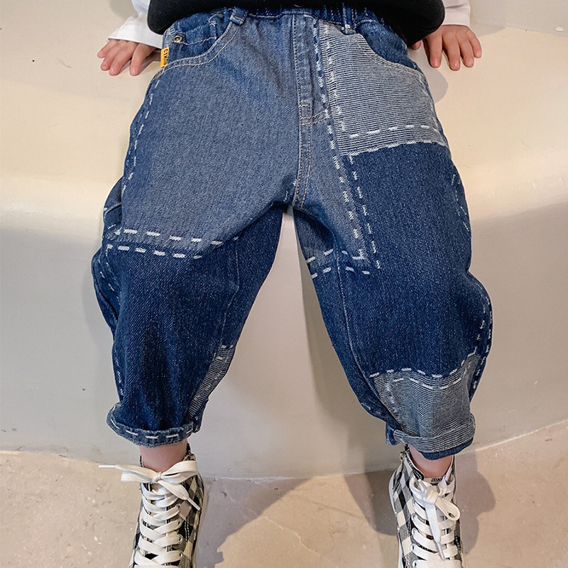 Boys Casual Stitching Design Straight Leg Denim Pants