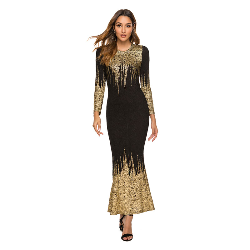 Fashion Sequins Round Collar Long-Sleeve Slim Maxi Dress