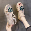 Women Fashion Round Toe Floral Flat Wedge Open Toe Sandals