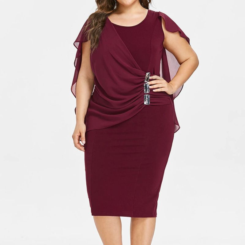 Plus Size Women Round Collar Crease Slim Dress