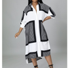 Women Autumn Casual Plus Size Color Blocking Plaidprint Long Sleeve Loose Shirt Dress