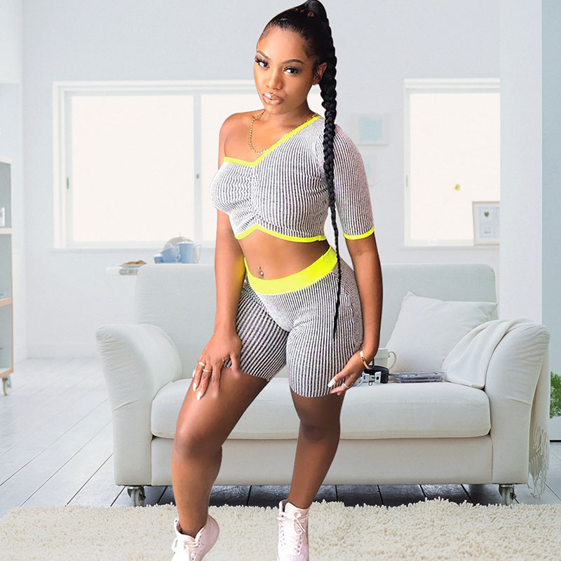 Women Fashion Striped One-Shoulder Crop Top And Tight Shorts Sports Two-Piece Sets