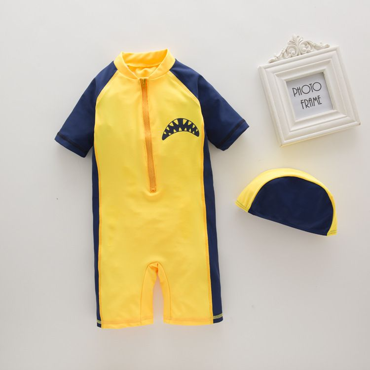 2 Pcs Boys Yellow Shark Pattern Swimwear And Cap