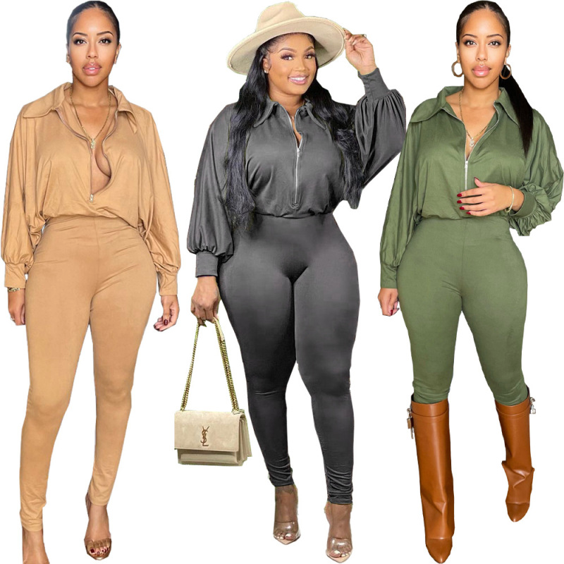 Women Solid Color Zipper Long Sleeve Loose Top And High Waist Slim Pants Fashion Two-Piece Set