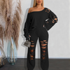 Women Solid Color Loose Long Sleeve Ripped Top And High Waist Wide Leg Pants Two-Piece Set