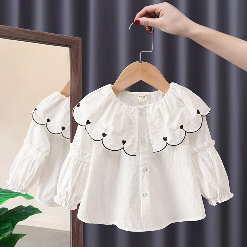 Children Kids Baby Fashion Girls Long Sleeve Peter Pan Collar Solid Color Blouse