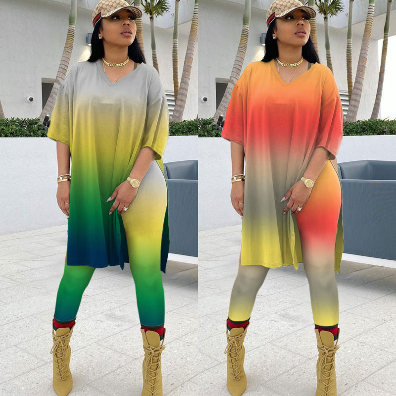 Plus Size Women Casual Gradient Color V-Neck Slit Loose Two-Piece Fashion Set