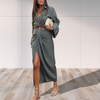 Women Sexy Fashion Elegant Solid Color Long Sleeves Knotted Blouse Skirt Casual Two-Piece Set