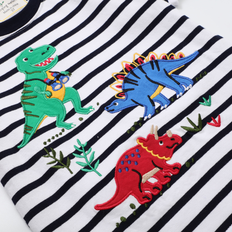 Kids Boys Cute Cartoon Dinosaur Stripe Round Neck Short Sleeve T-Shirt