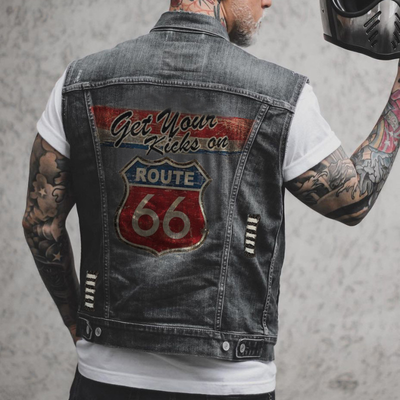 Men Punk Sleeveless Lapel Single Breasted Badge Number Letter Pattern Denim Vest