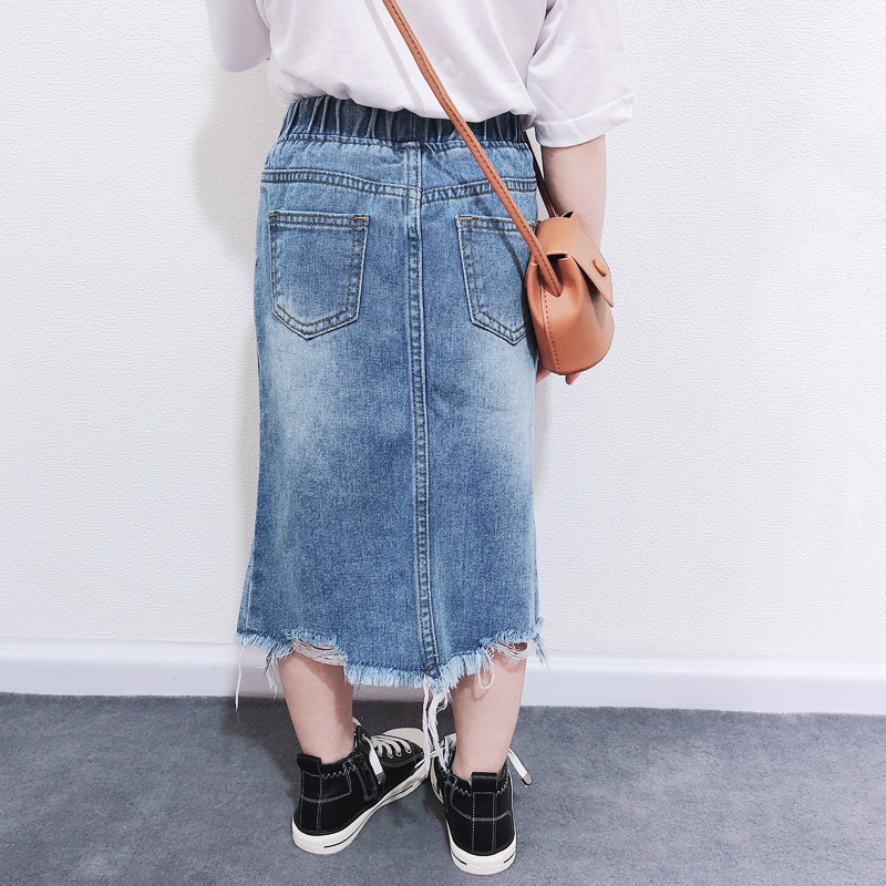 Kids Girls Personalized Irregular Tear Design Elastic Denim Skirt