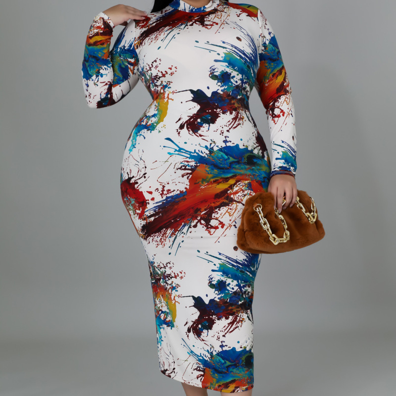 Plus Size Women Tie Dye Print Half Zipper Long Sleeve Maxi Dress