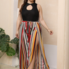 Plus-Size Women Color Blocking Stripe Pattern High-Slit Wide-Leg Casual Vacation Pants