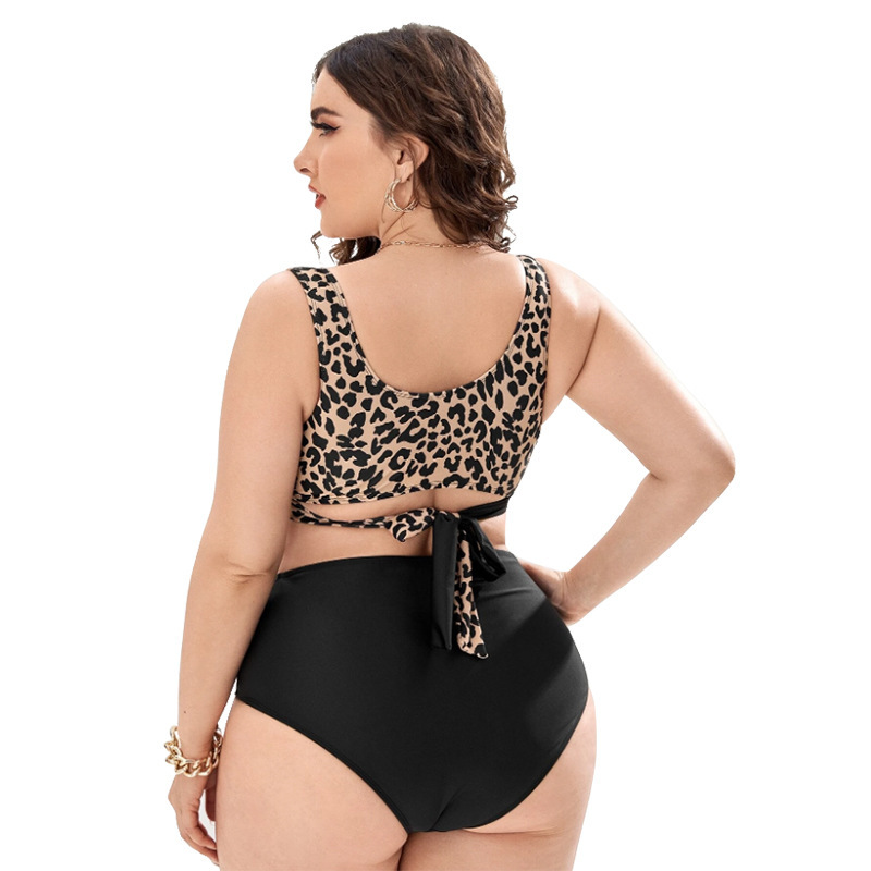 Women Fashion Sexy Deep V Leopard Color Contrast High Waist Plus Size Swimsuit