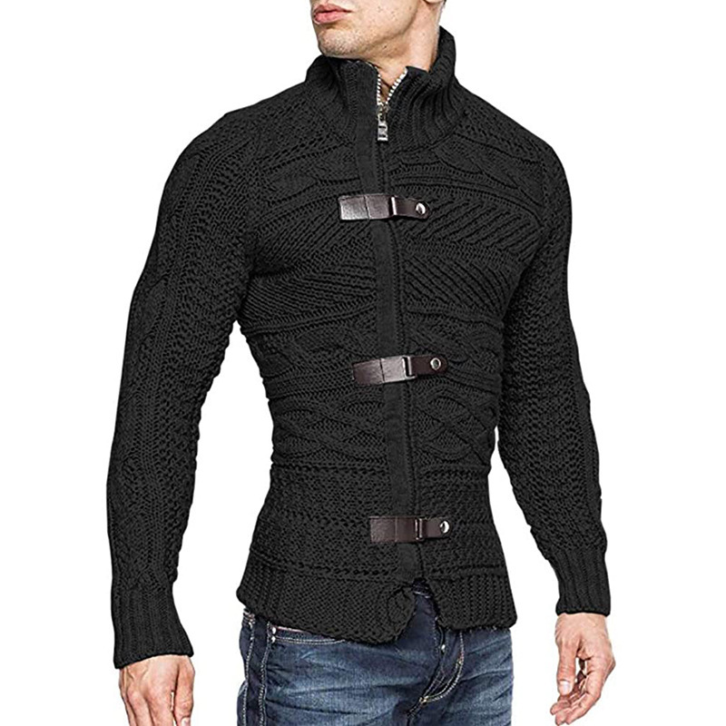 Men Fashion Leather Button Long Sleeve Knitted Cardigan