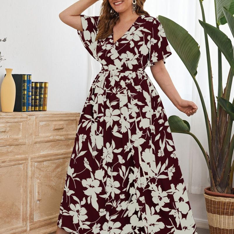 Women Plus Size Casual Floral Print V Neck Short Sleeve Loose Maxi Dress