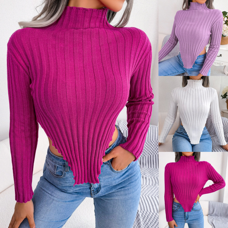 Women Sexy Half Turtleneck Long-Sleeved Asymmetric Hem Knitted Solid Color Sweater