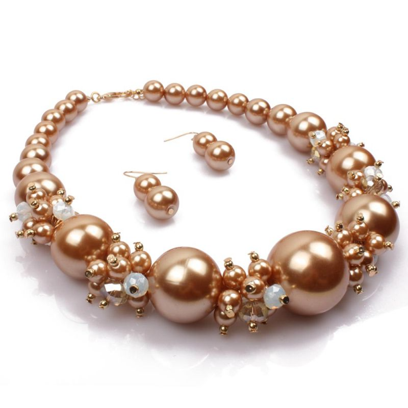 Women Elegant Imitation Pearl Beaded Princess Necklace Earrings Set