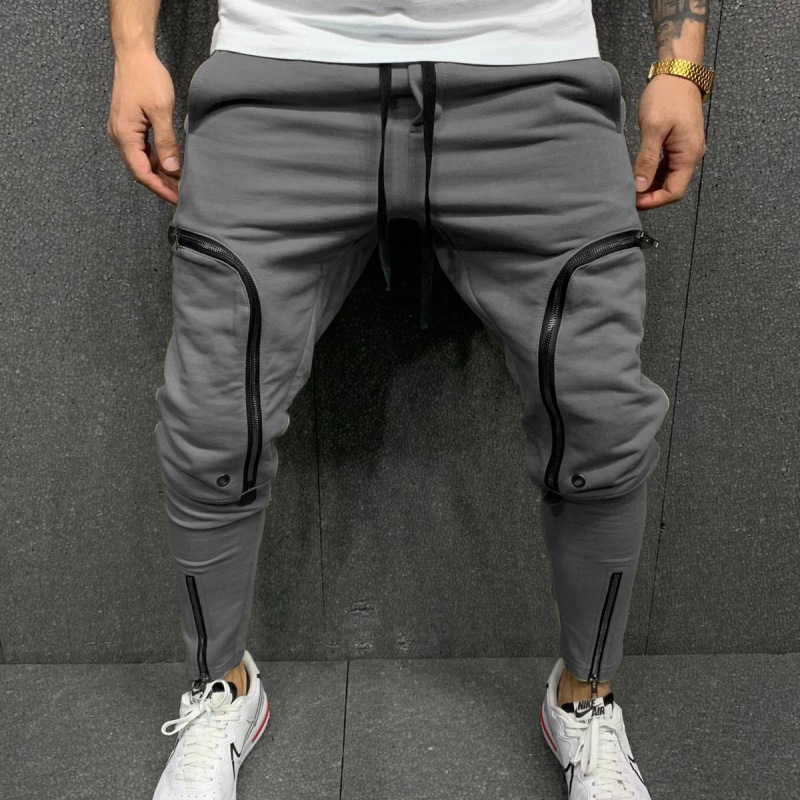 Men Fashion Zipper Patch Pockets Slim Fit Pants