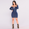 Women Elegant Off-The-Shoulder Long Sleeves Solid Color Denim Single-Breasted Bodycon Dress