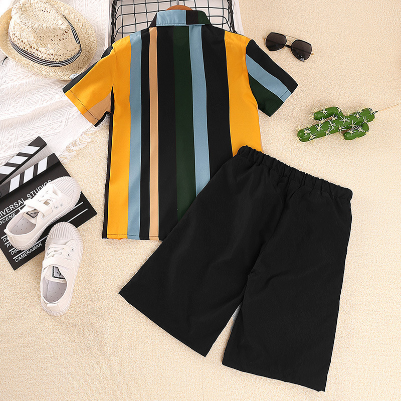 Children Kids Toddlers Boys Stripe Printed Short Sleeve Shirt And Shorts 2pcs Set