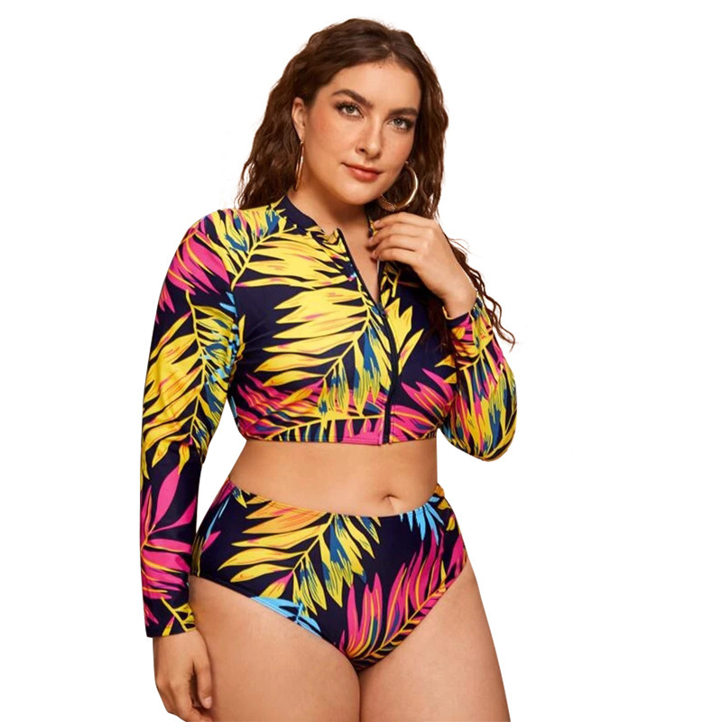 Women Fashion Long-Sleeved Zipper Leaf Print Bikini Plus Size Split High Waist Surf Swimsuit