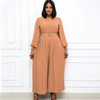 Women Solid Color Long-Sleeved Round Neck Waist Pleated Wide-Leg Jumpsuit