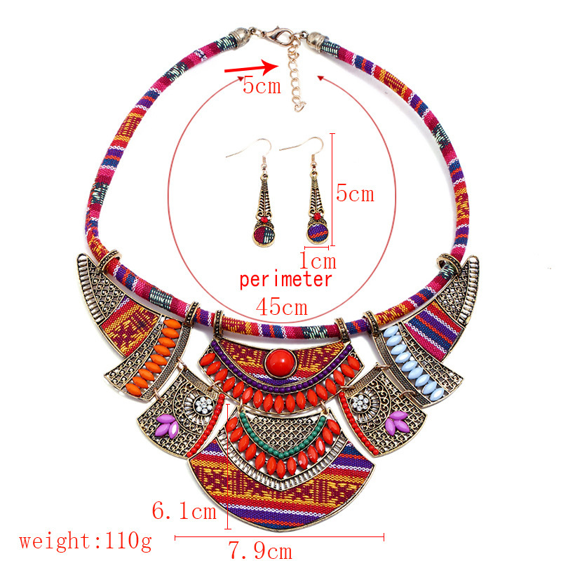 Women Fashion Exaggerated Retro Ethnic Tribal Resin Bead Earrings + Necklace 2-Piece Set