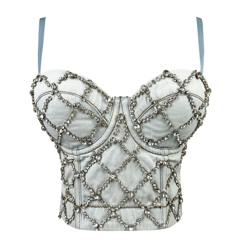 Women Fashion Rhinestone Denim Camisole Corset