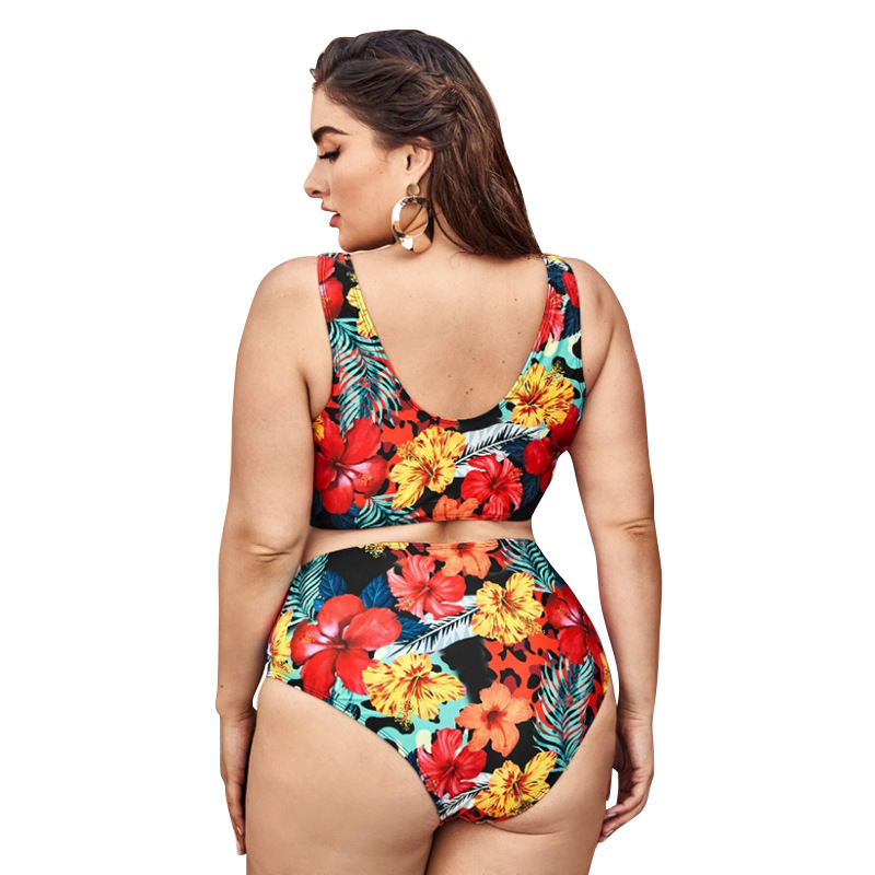 Sexy Large Size Split Bikini High Waist Wide Shoulder Straps Digital Printing Swimsuit Women