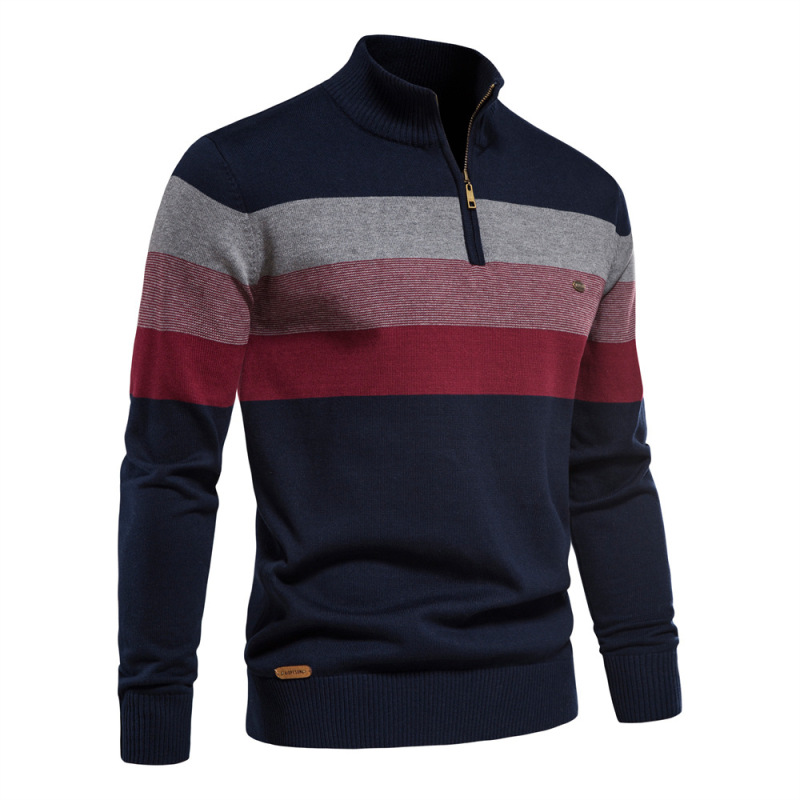 Men Stand Collar Long Sleeve Color Block Sweater