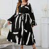 Fashion Women Casual Elegant Long Sleeved Black And White Printing Maxi Dress