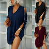 Women Summer Solid Color V-Neck Beaded Short-Sleeved Knotted Loose Dress