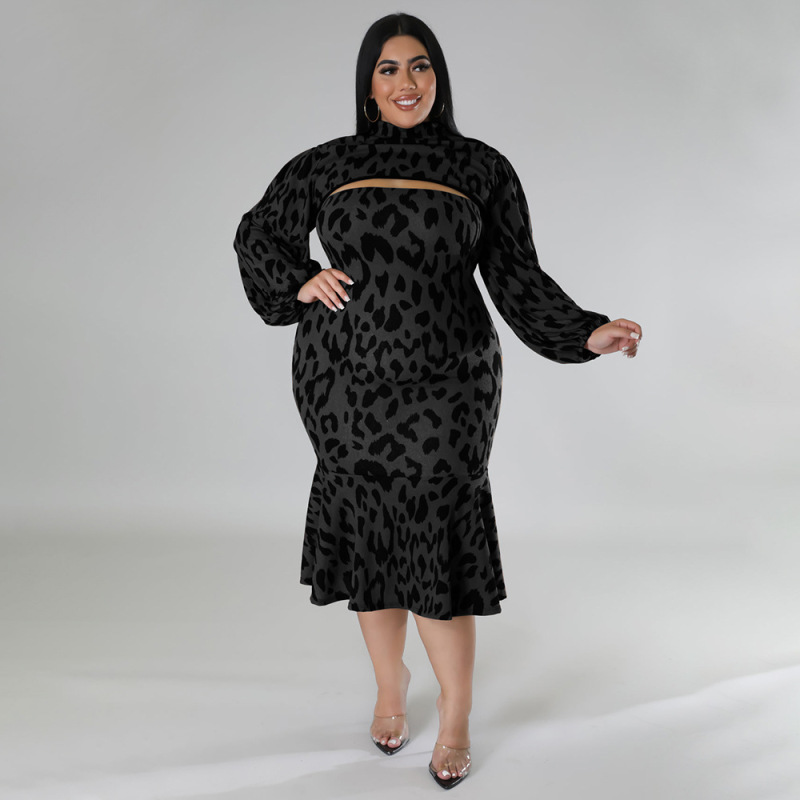 Plus Size Women Leopard Print Ruffle Skirt Two-Piece Set