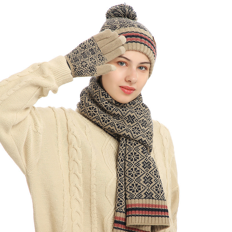 Women Men Winter Casual Acrylic Knitted Wool Hat Scarf Gloves Three-Piece Set