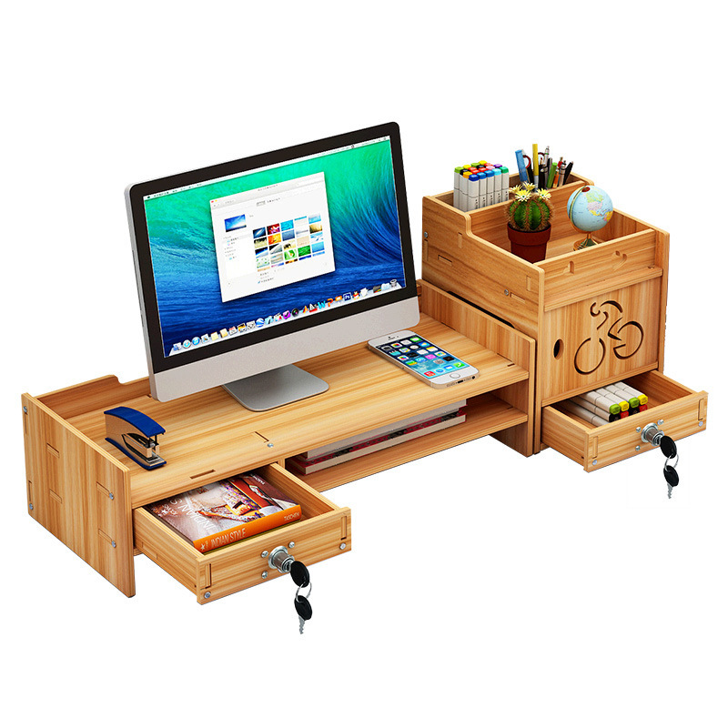 Simple And Modern Computer Monitor Elevated Shelf Wood Desktop Storage Rack Set